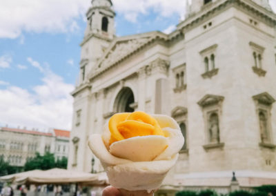 Flower shaped ice cream front of a church